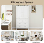 Freestanding 77.3" Tall Storage Cabinet, Wooden Pantry，White | Retro Large Kitchen Pantry, 2 Adjustable Shelves, 5 Drawers, 6 Door Shelves