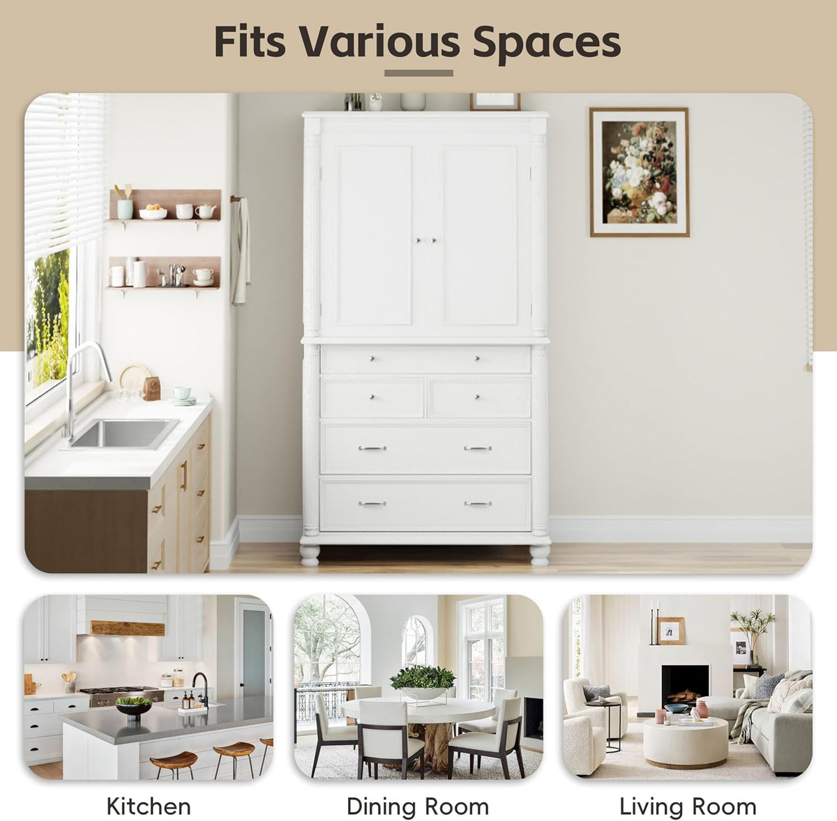 Freestanding 77.3" Tall Storage Cabinet, Wooden Pantry，White | Retro Large Kitchen Pantry, 2 Adjustable Shelves, 5 Drawers, 6 Door Shelves