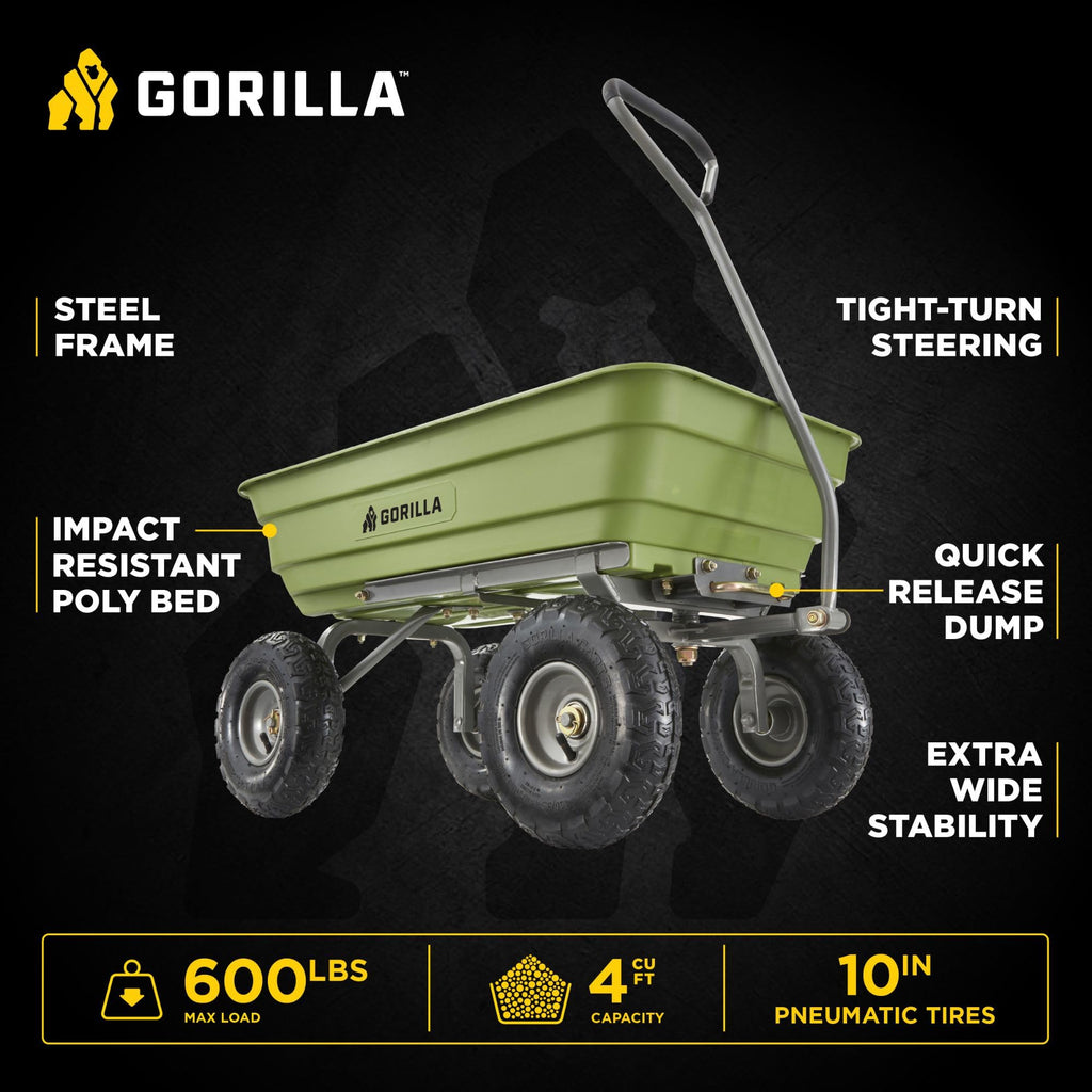 Gorilla Carts 600-Pound Capacity Heavy Duty Poly Yard Garden Steel Quick Dump Utility Wheelbarrow Wagon Cart with Straight Pull Handle, Green, Model GOR4G-COM