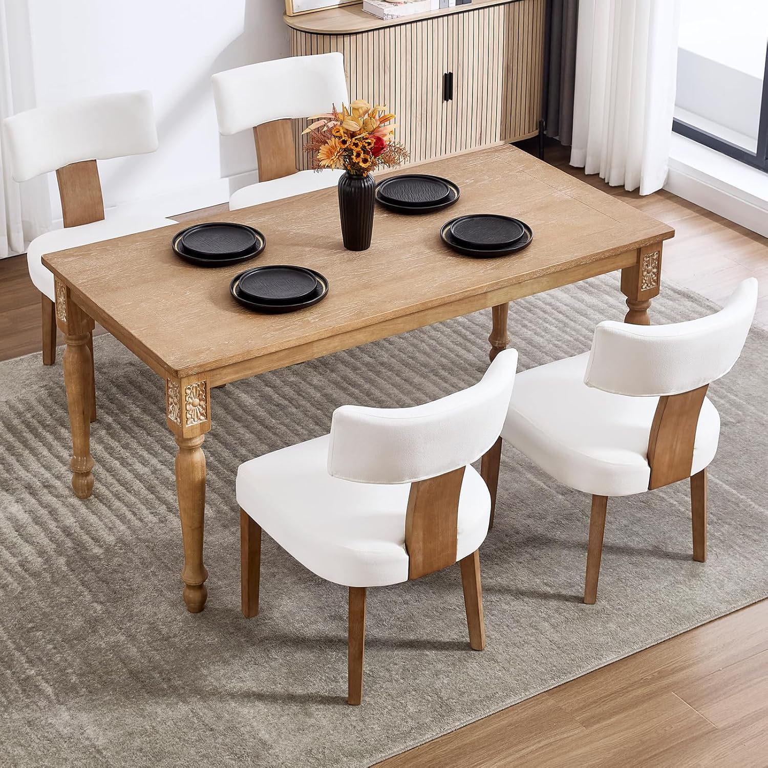 Mid Century Modern Dining Chairs Set of 4, Linen Fabric Upholstered Dining Chairs with Wood Legs, Farmhouse Kitchen Chair Armless, Comfy Side Chairs for Dining/Living Room/Kitchen, Cream