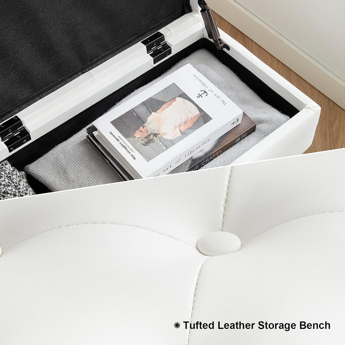 Gitrah Storage Bench Entryway Bench End of Bed Bench Ottoman Upholstered PU Leather Bedroom Bench Tufted Bench with Golden Legs 40" White
