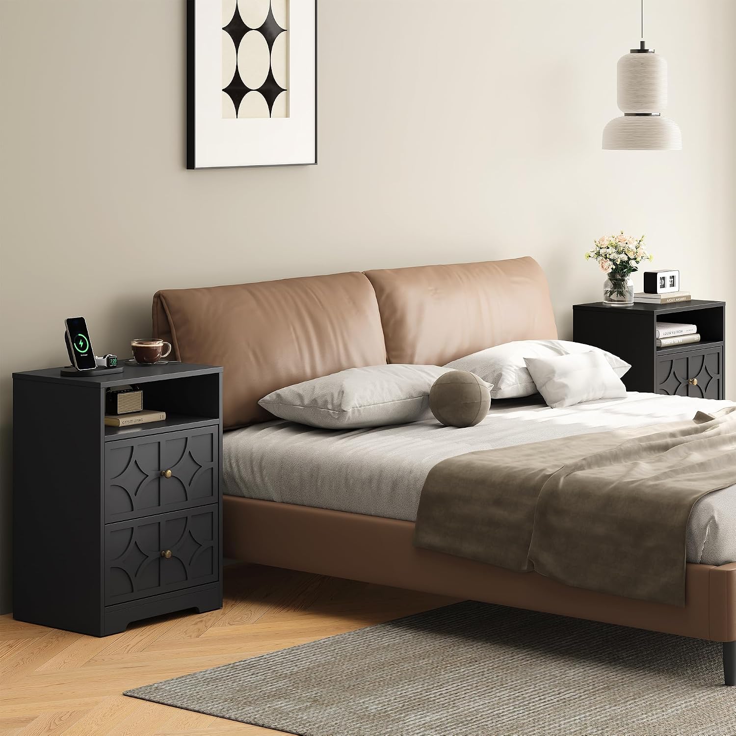 RoyalCraft Nightstand Set of 2, Large Night Stand with Charging Station, Modern Side Table with 2 Drawers, Accent End Table, Storage Cabinet for Bedroom, Entryway, Black