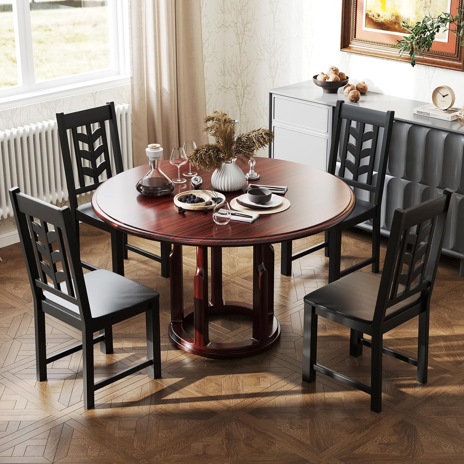 Giantex Wooden Dining Chairs Set of 4, Kitchen Chairs w/Rubber Wood Frame & Leaf-Shaped High Back, Max Load 400 LBS, Farmhouse Armless Dinette Side Chairs for Living Dining Room Restaurant, Black