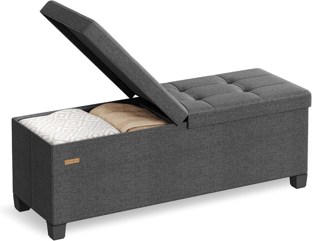 SONGMICS Storage Ottoman Bench with Legs, Folding Ottoman Foot Rest with Flipping Lid, Bench with Storage, for Living Room, Bedroom, Entryway, Linen-Look Fabric, 43.3 Inches, Slate Gray ULSF079GN01
