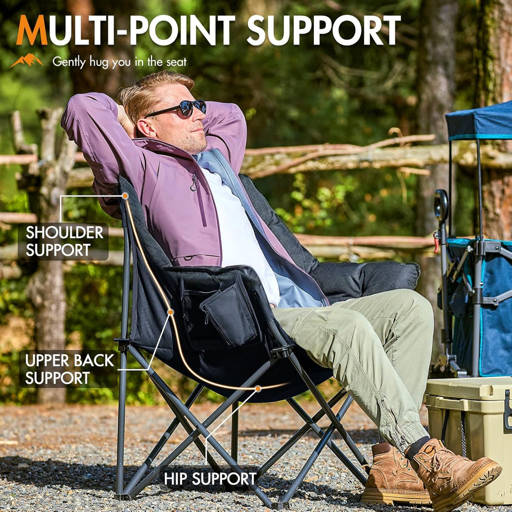 Portal 33" Oversized 2 Pack Padded Camping Chair - Heavy Duty Folding Chair with Cup Holder & Side Pocket, Supports 350 lbs, for Camping, Lawn, Sports, Black