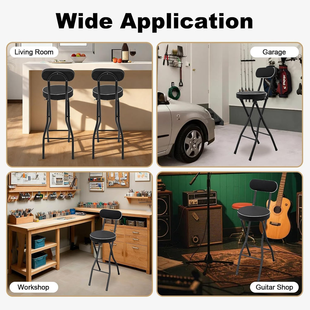2PCS Folding Bar Stool with Backrest, Tall Folding Chair Counter Height Foldable Chairs Tall Bar Collapsible Stools for Adults Kitchen Guitar Shop Cafe Barstools (Black)