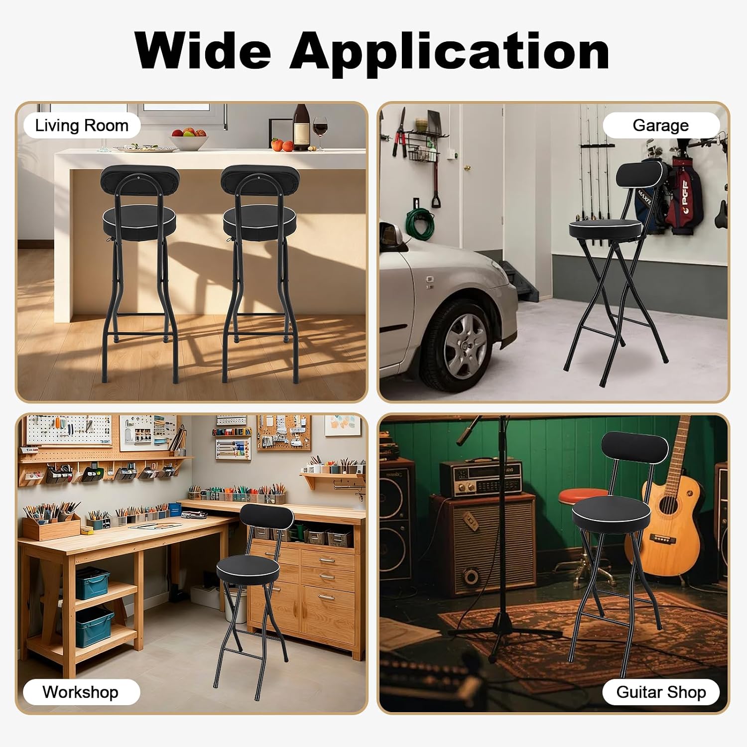 2PCS Folding Bar Stool with Backrest, Tall Folding Chair Counter Height Foldable Chairs Tall Bar Collapsible Stools for Adults Kitchen Guitar Shop Cafe Barstools (Black)