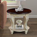 P PURLOVE 22'' Two Tone Round End Table with Shelf for Living Room, Solid Wood Frame, Easy Assemble (Beige and Espresso)