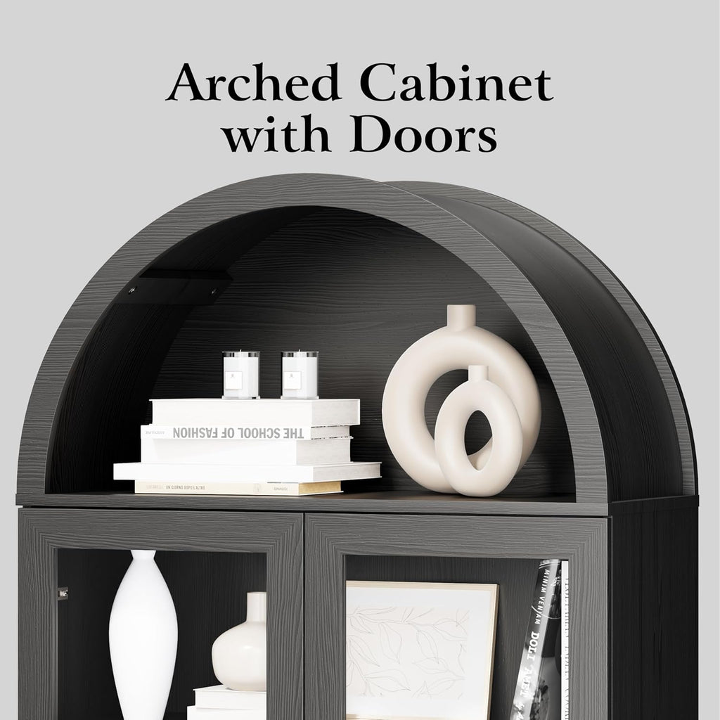 DHH 71" Tall Arched Kitchen Pantry, Modern Farmhouse Wood Kitchens Storage Cabinets with Sliding Doors＆ Adjustable Shelves, Versatile Cupboard for Kitchen, Living Dining Room, Bathroom (Black)