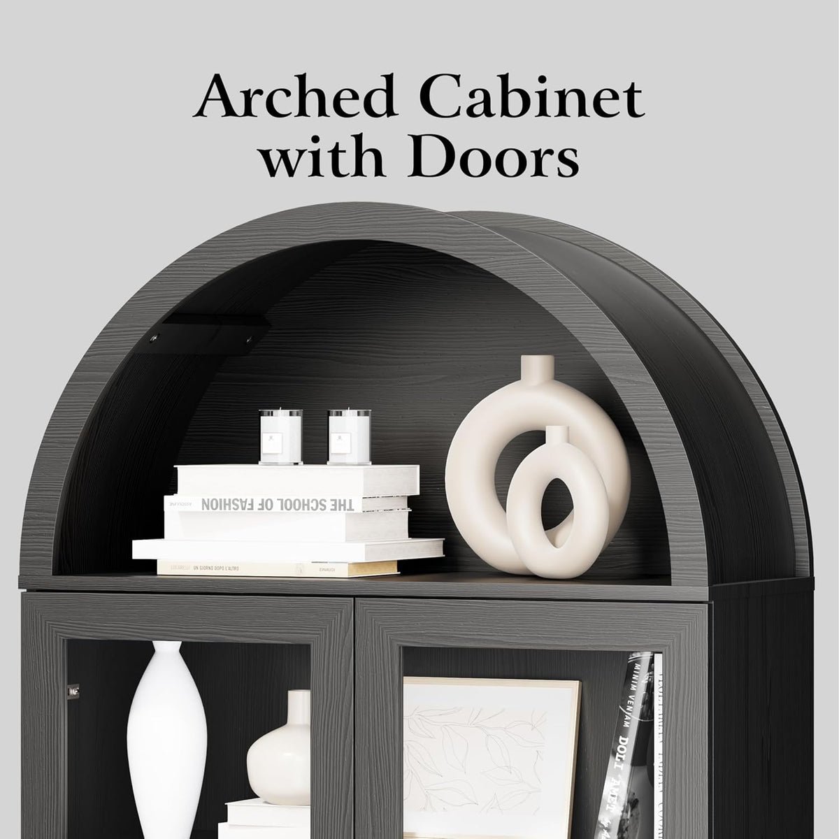 DHH 71" Tall Arched Kitchen Pantry, Modern Farmhouse Wood Kitchens Storage Cabinets with Sliding Doors＆ Adjustable Shelves, Versatile Cupboard for Kitchen, Living Dining Room, Bathroom (Black)