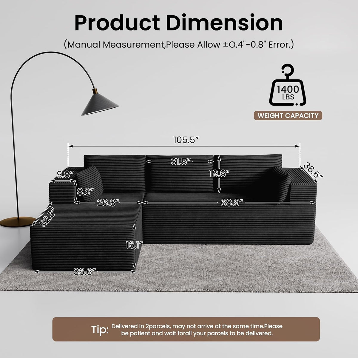 106" Cloud Sectional Couches for Living Room, Modular L Shaped Couch with Deep Seat Oversized Left Facing Chaise, Memory Foam Compressed Spineless 3 Seater Sofa for Bedroom Apartment, Black