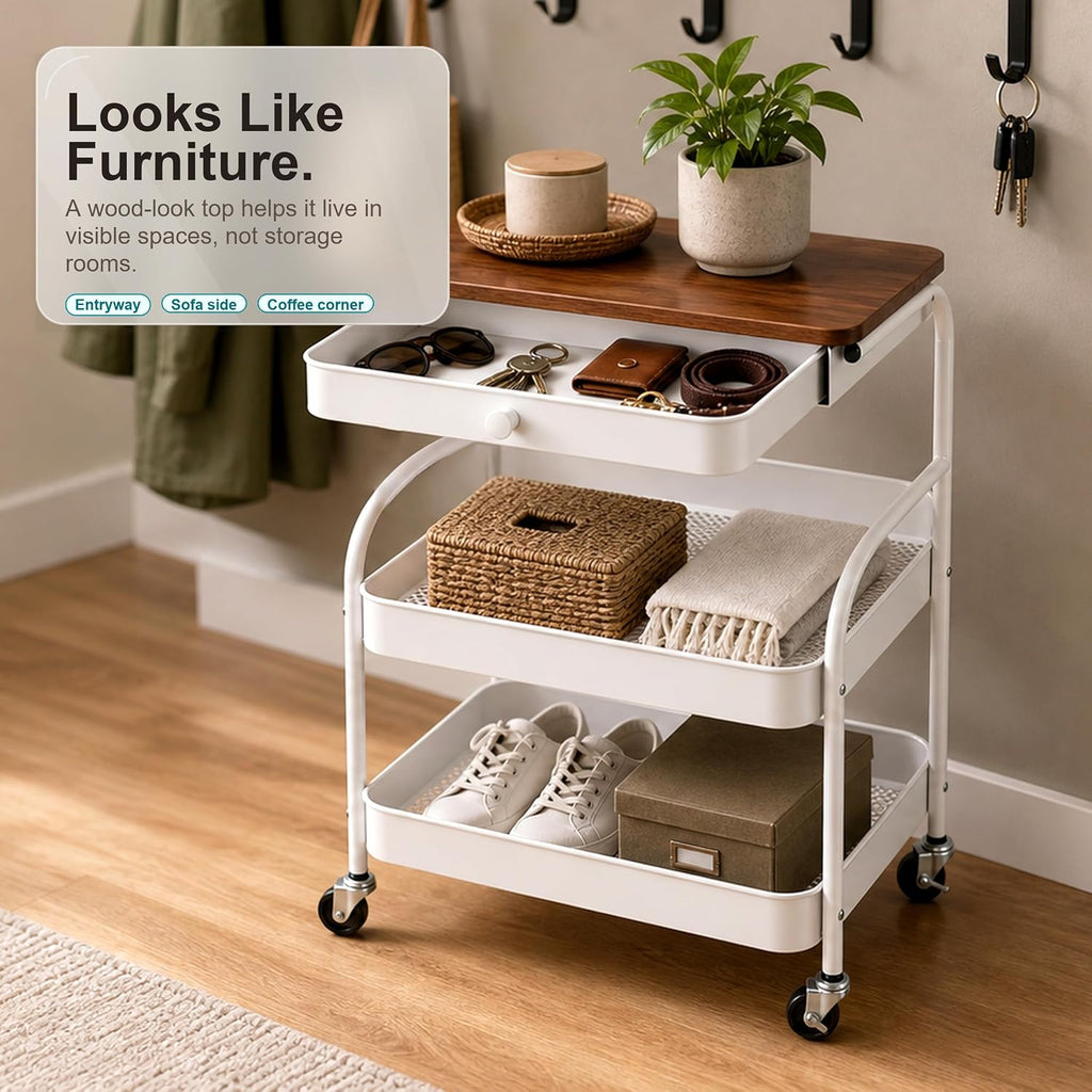 3 Tier Rolling Cart with Hidden Drawer and Wood Top, Small Space Storage Cart with Wheels, Coffee Station Organizer and Side Table Cart for Living Room, Bedroom, Kitchen, White