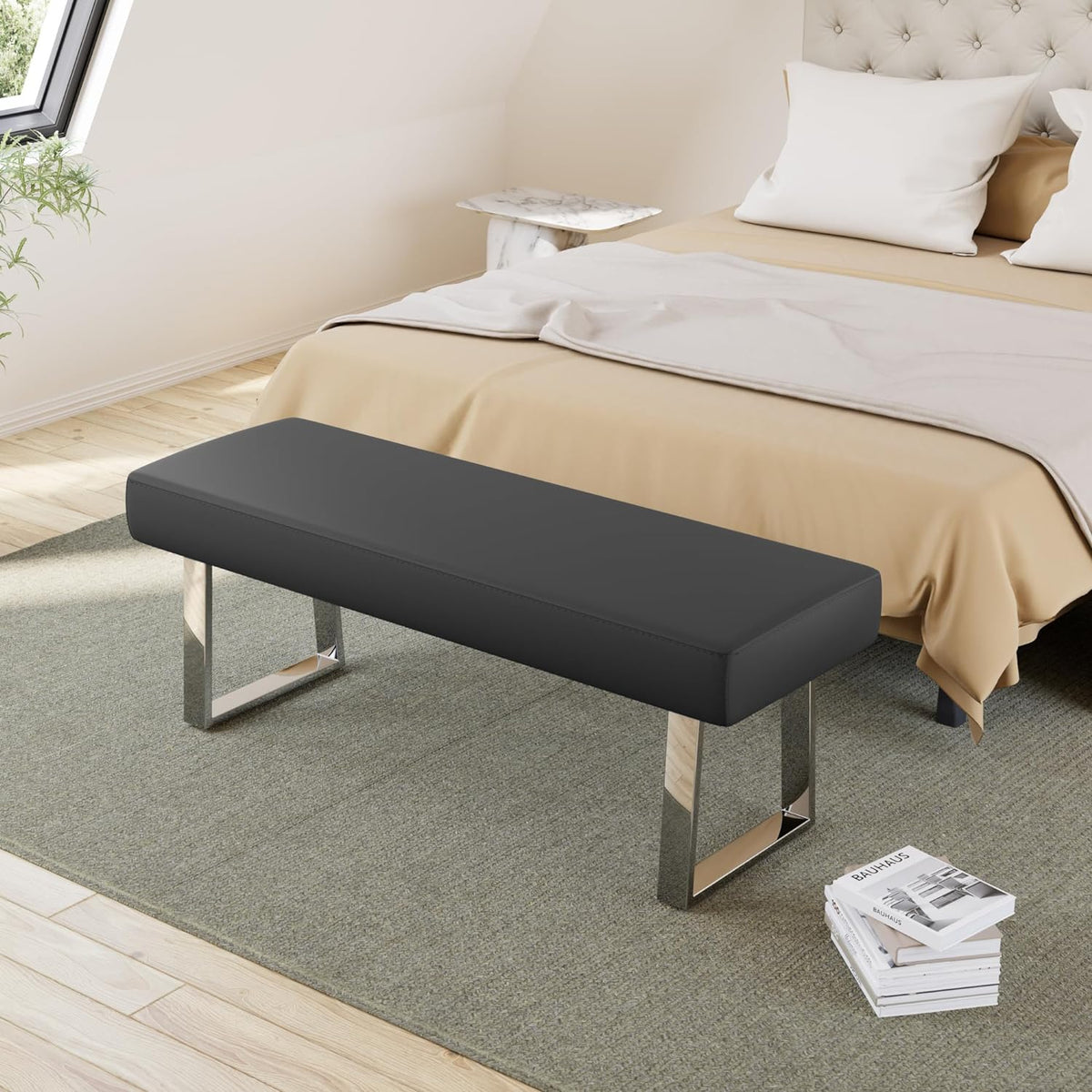 JIEXI 45.3" Indoor PU Leather Upholstered Footstool Bench with Metal Legs | Thick Cushion, Strong Silver Legs, Great for Entryway, Kitchen, Plant Stand, Bedroom Living Room Window