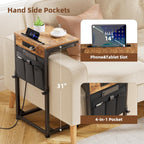 Simple Trending Side Table, C Shaped End Table with Charging Station, Couch Table with Storage Bag, Adjustable Height, Rustic Brown