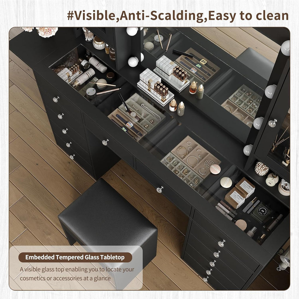 Yanosaku 55''W Makeup Vanity Desk with Mirror and Lights, 12 Drawers, Black | 3 Lighting Modes, Power Outlet, Glass Top, 2 Cabinets, Fold-up Panel, Vanity Stool Included, Fits Bedroom Dressing Room