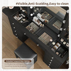 Yanosaku 55''W Makeup Vanity Desk with Mirror and Lights, 12 Drawers, Black | 3 Lighting Modes, Power Outlet, Glass Top, 2 Cabinets, Fold-up Panel, Vanity Stool Included, Fits Bedroom Dressing Room