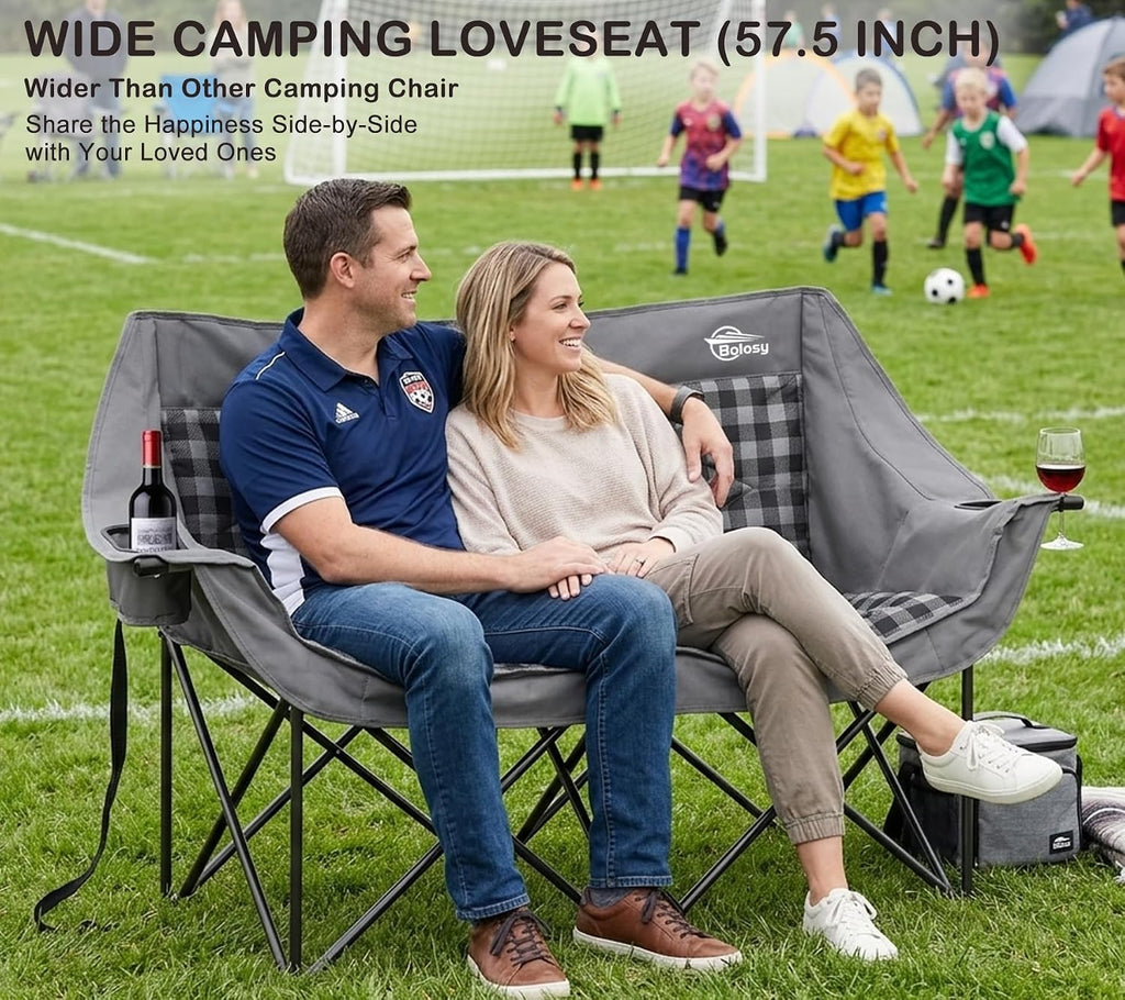 Bolosy Double Camping Chair Oversized Loveseat Heavy Duty 2 Person Camp Chair with Cup Holder Lawn ChairDuo Chair for Camping, Beach, Lawn, Picnics, Fishing, Sports,Supports 650 LBS, Grey
