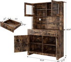Jojoka 63" Tall Kitchen Pantry Hutch Cabinet with Drawers, Freestanding Storage Cabinet with Microwave Stand, Adjustable Shelves & Tempered Glass Doors for Dining Room Living Room,Brown
