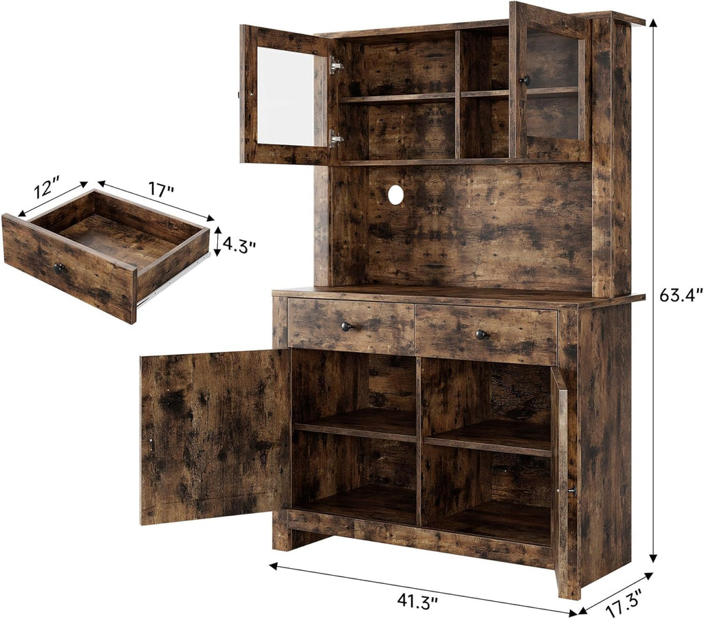 IDEALHOUSE 63" Kitchen Pantry Cabinet with Drawers, Hutch Cabinet with Storage, Microwave Stand, Adjustable Shelves, Freestanding Tall Pantry Storage for Dining Room, Living Room, Rustic Brown