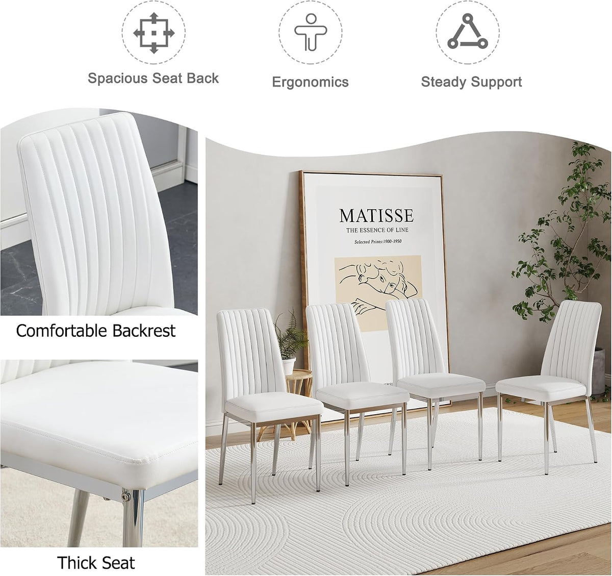 Upholstered Dining Chairs Set of 4, Mid-Century Modern Leather Dining Room Chair with Metal Legs & Padded Seat, Stylish Elegant Living Room Accent Chair (White-Silver, Set of 4)