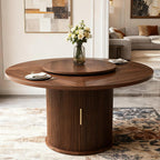 55'' Round Dining Table for 4-6, Mid-Century Modern Kitchen Table with Rotating Tray and 2-Layer Storage Shelf, Wood Slide Door Dining Room Table for Home Living Room, Walnut