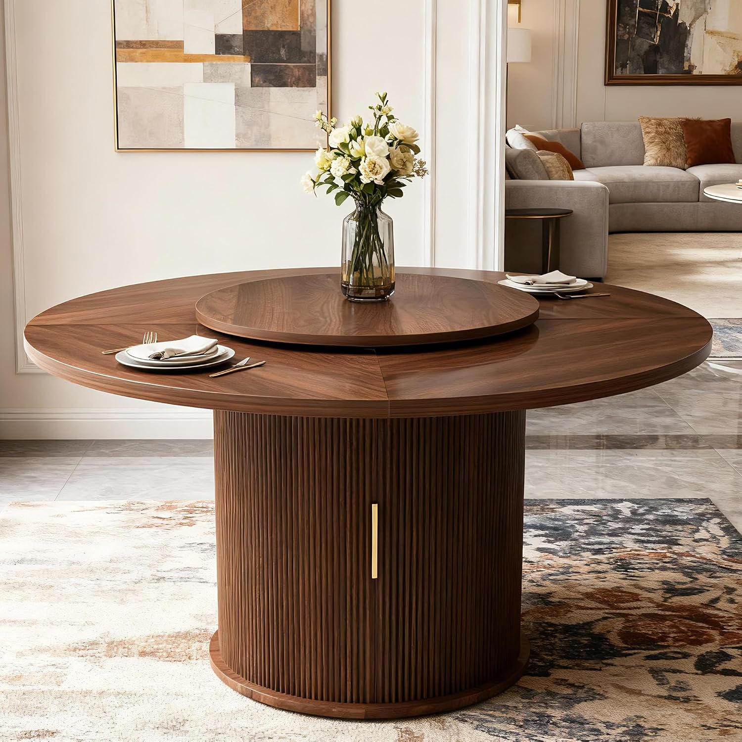 55'' Round Dining Table for 4-6, Mid-Century Modern Kitchen Table with Rotating Tray and 2-Layer Storage Shelf, Wood Slide Door Dining Room Table for Home Living Room, Walnut