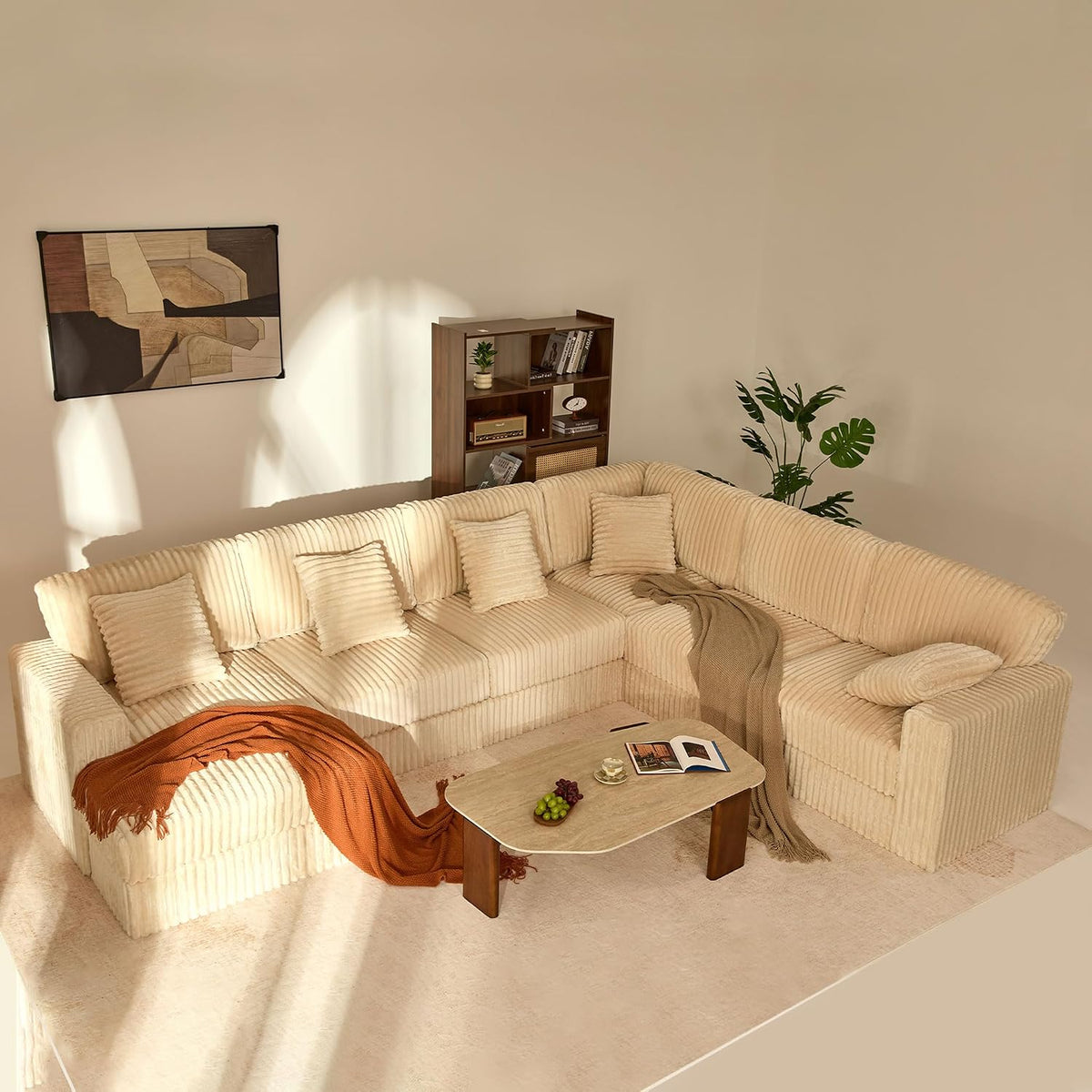 GOSUHI 139" U-Shaped Cloud Couch, Modular Sectional, Deep Seats, White | Pocket Spring Cushions, Oversized 7-Seater, Left Facing Chaise, Corduroy Upholstery Couches for Living Room