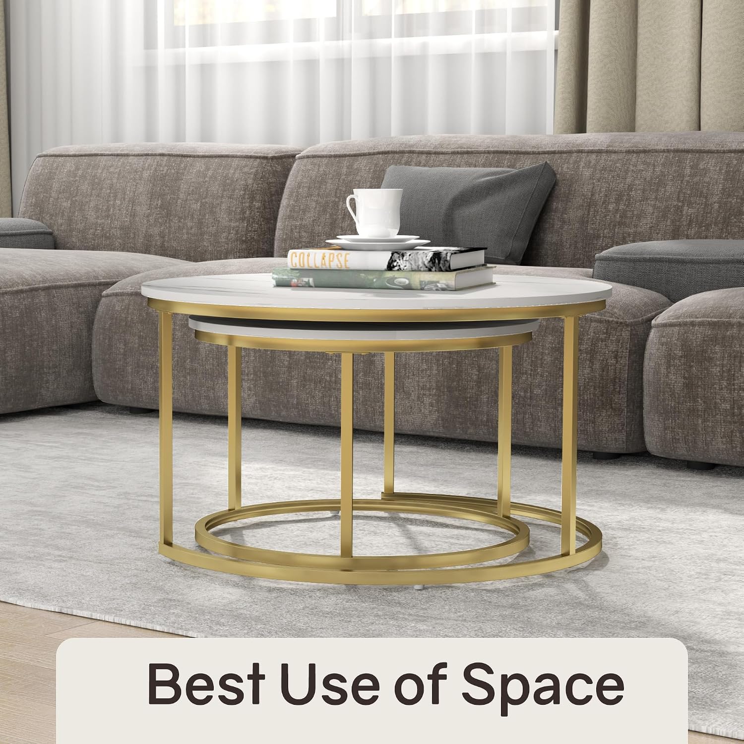 Otterease Nesting Tables Set of 2, 31.5" Round Coffee Table, Small Nesting Coffee Table with Adjustable Non-Slip Fee, White Marble Top Stack Nesting Tables Set of 2 for Living Room, Bedroom (White)