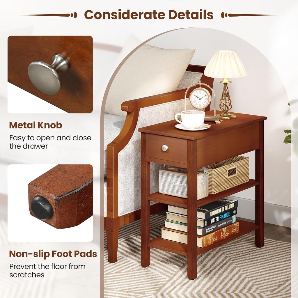 Giantex Narrow End Table, Farmhouse Side Tables with Drawer & Storage Shelves, Wood Sofa Side Tables, 3-Tier Nightstands for Small Space, Living Room, Bedroom, 23.5" L x 12" W x 24.5" H, Brown