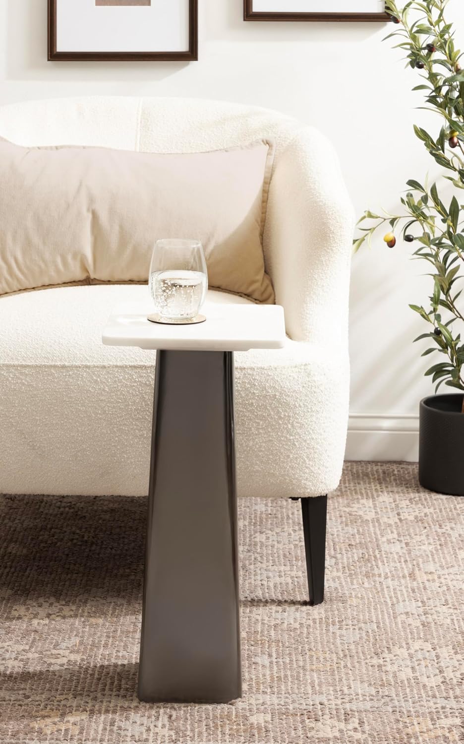 Kate and Laurel Quinley Modern Square Marble Drink Table, 10 x 10 x 22, White Marble and Gray Gunmetal, Contemporary Marble Pedestal Table for Use as Living Room Plant Stand or Bedroom Mini Table