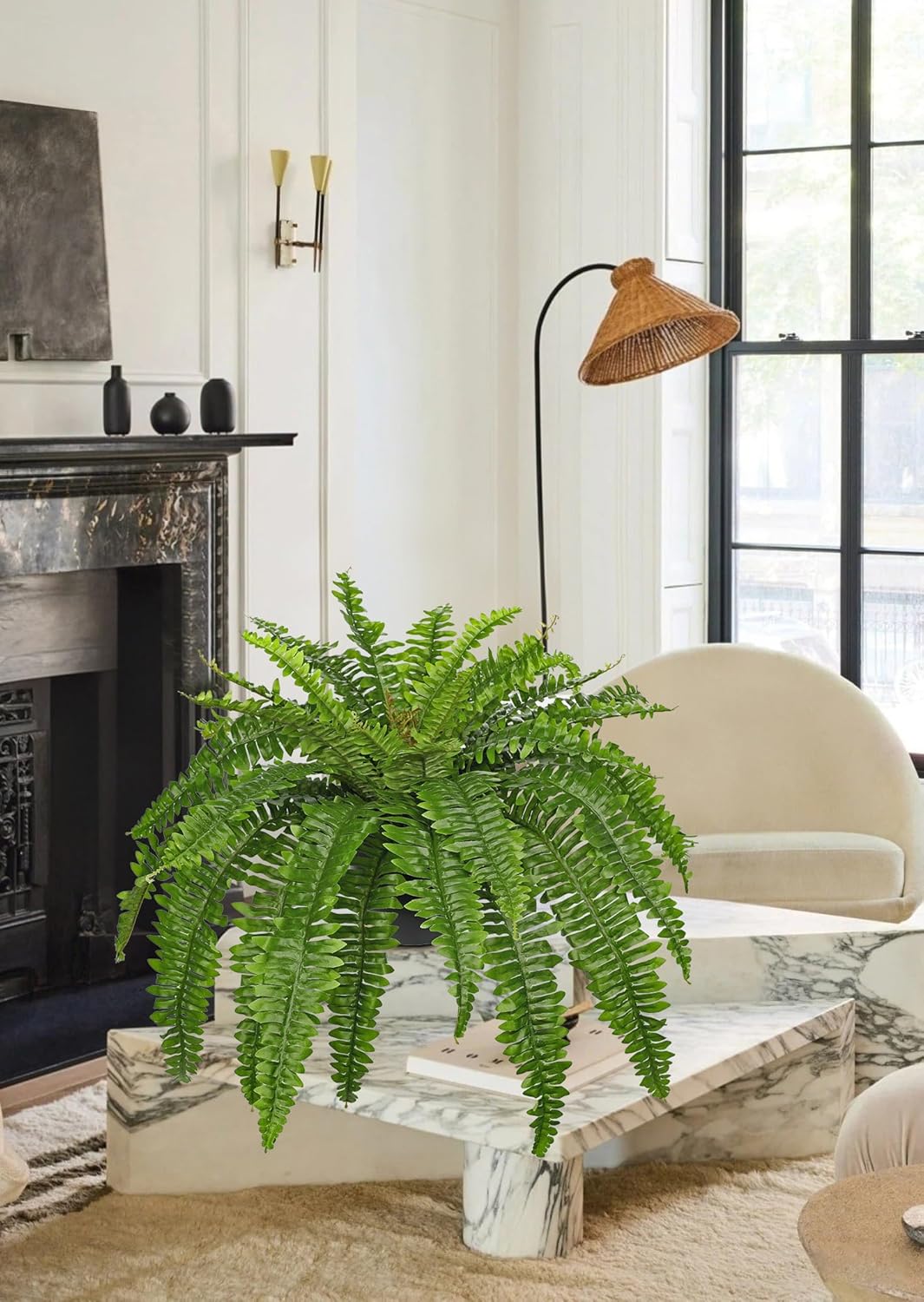 Artificial Fern Plants in Pot 34.6" Large Artificial Boston Fern 39 Leaves for Outdoors & Indoor Faux Potted Plant Fake Ferns Bush Plant for Patio Garden Farmhouse Porch Home Decor Green