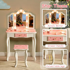 Kids Vanity with Lights, Princess Girls Vanity Set with 3-Color LED Lighted, 2 in 1 Wooden Toddler Vanity Table & Chair Set Mirror and Stool for Little Girls