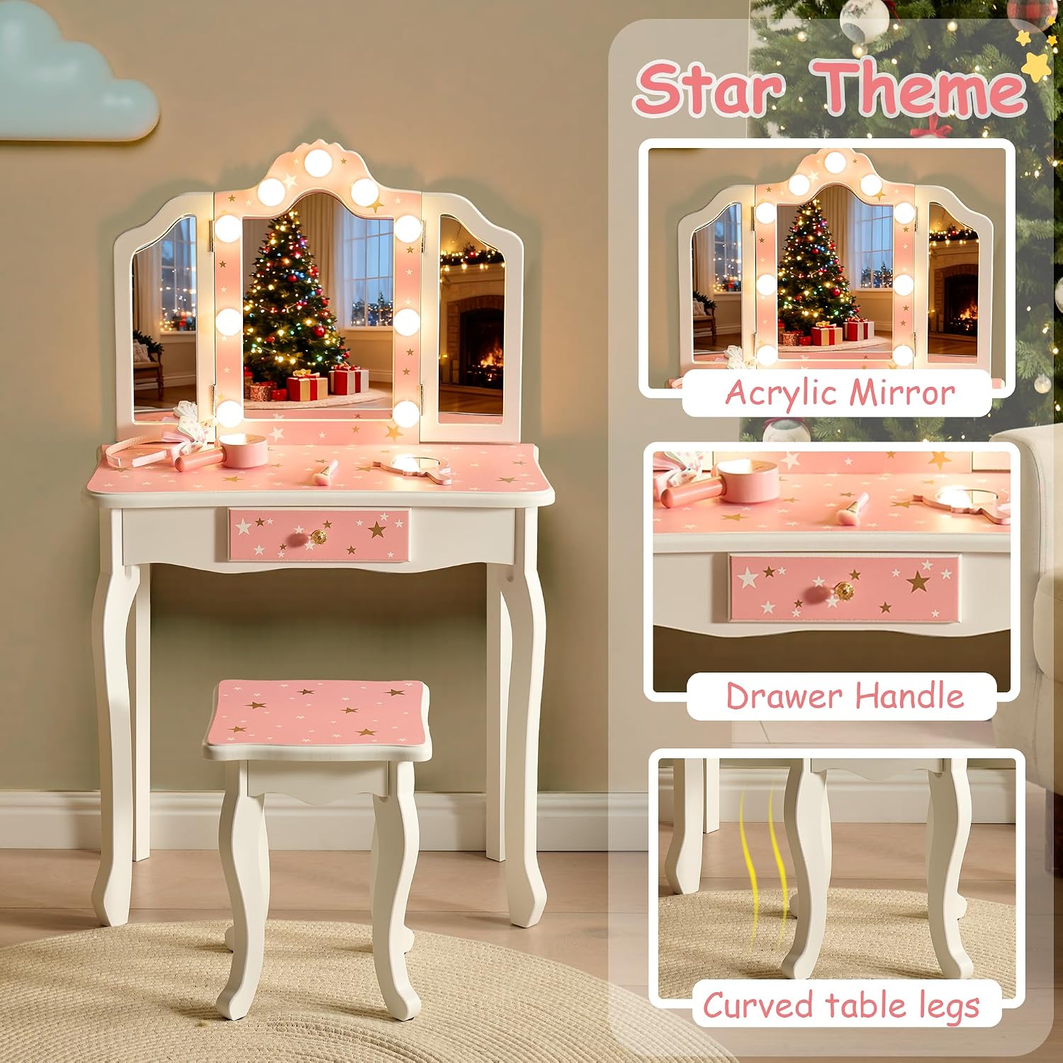 Kids Vanity with Lights, Princess Girls Vanity Set with 3-Color LED Lighted, 2 in 1 Wooden Toddler Vanity Table & Chair Set Mirror and Stool for Little Girls