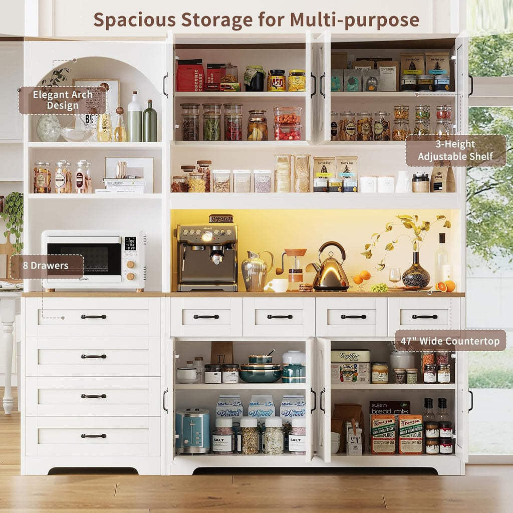 Kitchen Pantry Cabinet with 8 Drawers & Arched Open Shelf, Tall Farmhouse Storage Cabinet with Charging Station & RGB LED Light, Coffee Bar Cabinet for Dining Room, White