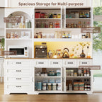 Kitchen Pantry Cabinet with 8 Drawers & Arched Open Shelf, Tall Farmhouse Storage Cabinet with Charging Station & RGB LED Light, Coffee Bar Cabinet for Dining Room, White