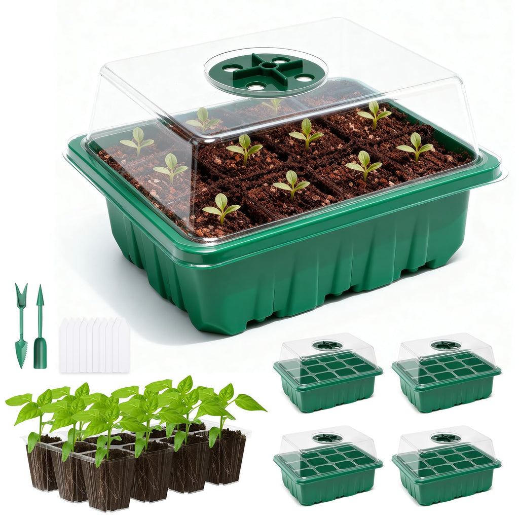 PlantaPulse 5 Packs Seed Starter Tray with Humidity Dome, Seed Starter Kit with Transparent Drain Hole Base Indoor Greenhouse Mini Propagator for Seeds Growing Starting(60 Cell Trays, Green)