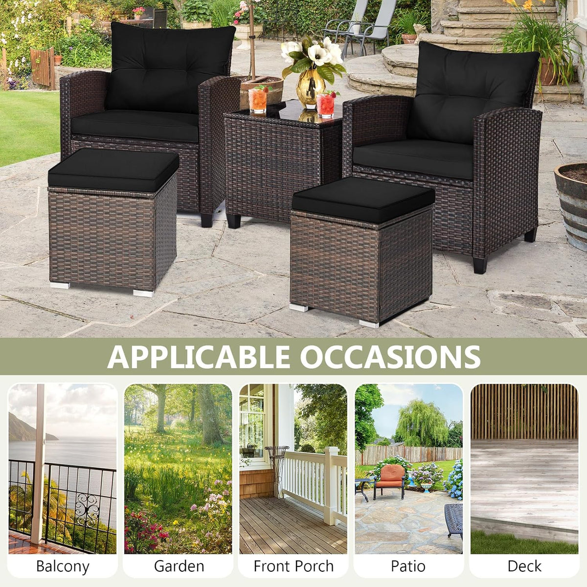ORALNER 16" Outdoor Ottoman, Set of 2 Wicker Ottoman with Storage, All-Weather Rattan Cube Footstool w/Removable Cushion Covers, Square Foot Rest Seating for Patio, Porch, Deck, Poolside (Black)