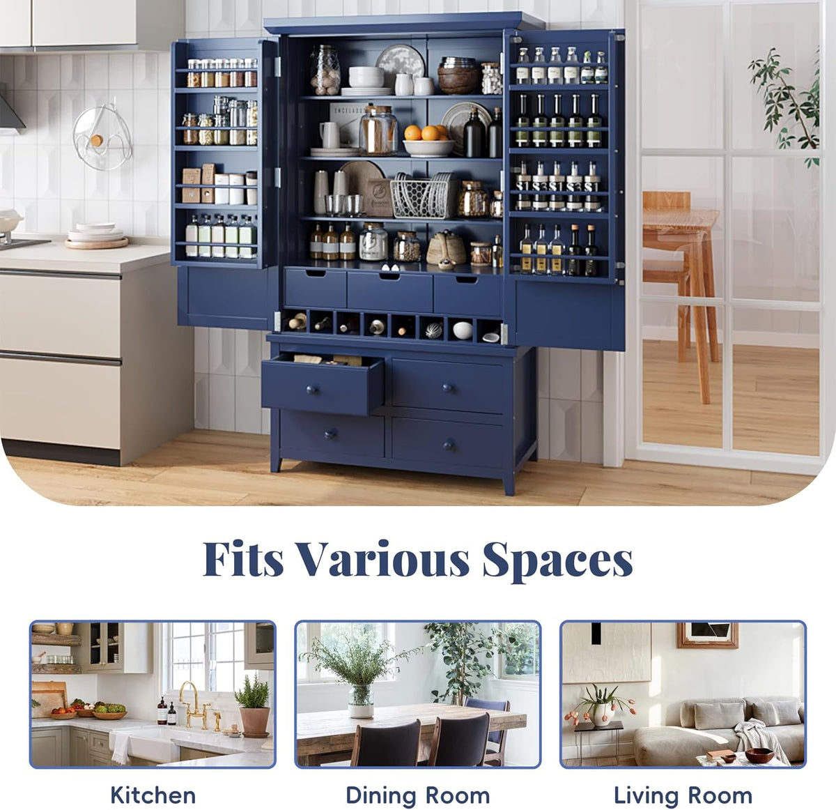 71.1 Inch Tall Kitchen Pantry Cabinet with 8 Door Shelves and 3 Adjustable Shelves, Large Kitchen Pantry with 7 Drawers and 8 Wine Racks, for Kitchen, Living Room, Blue