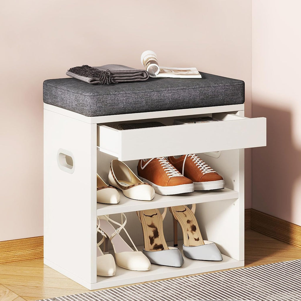 YMYNY Small Shoe Storage Bench with Cushion and Drawer, 2 Tier Adjustable Entryway Bench with Storage, Wooden Shoe Rack Bench for Entryway, Living Room, Hallway, Closet, Bedroom, White, HSC002W