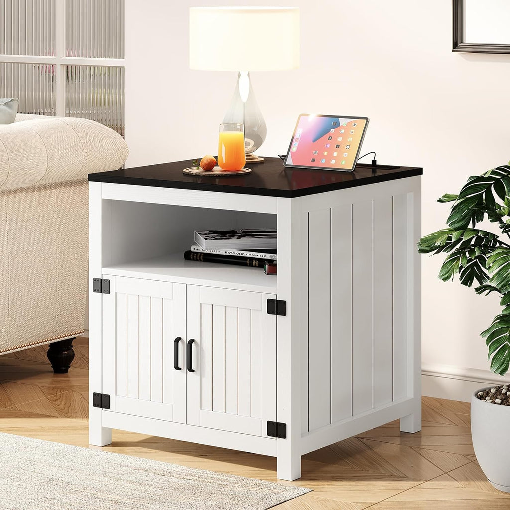 End Table with Charging Station, 23.6''W Large Sofa Side Table with Barn Door, Farmhouse Nightstand for Living Room, Bedroom