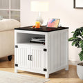 End Table with Charging Station, 23.6''W Large Sofa Side Table with Barn Door, Farmhouse Nightstand for Living Room, Bedroom