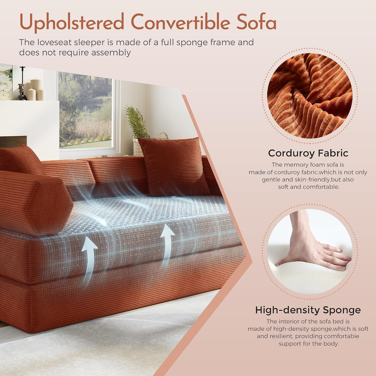 79" Convertible Futon Sofa Bed, Couch for Living Room | Orange | Modular Sleeper Sofa, Corduroy Pull Out Floor Couch Loveseat with Fixed-Shape Frame, No Assembly