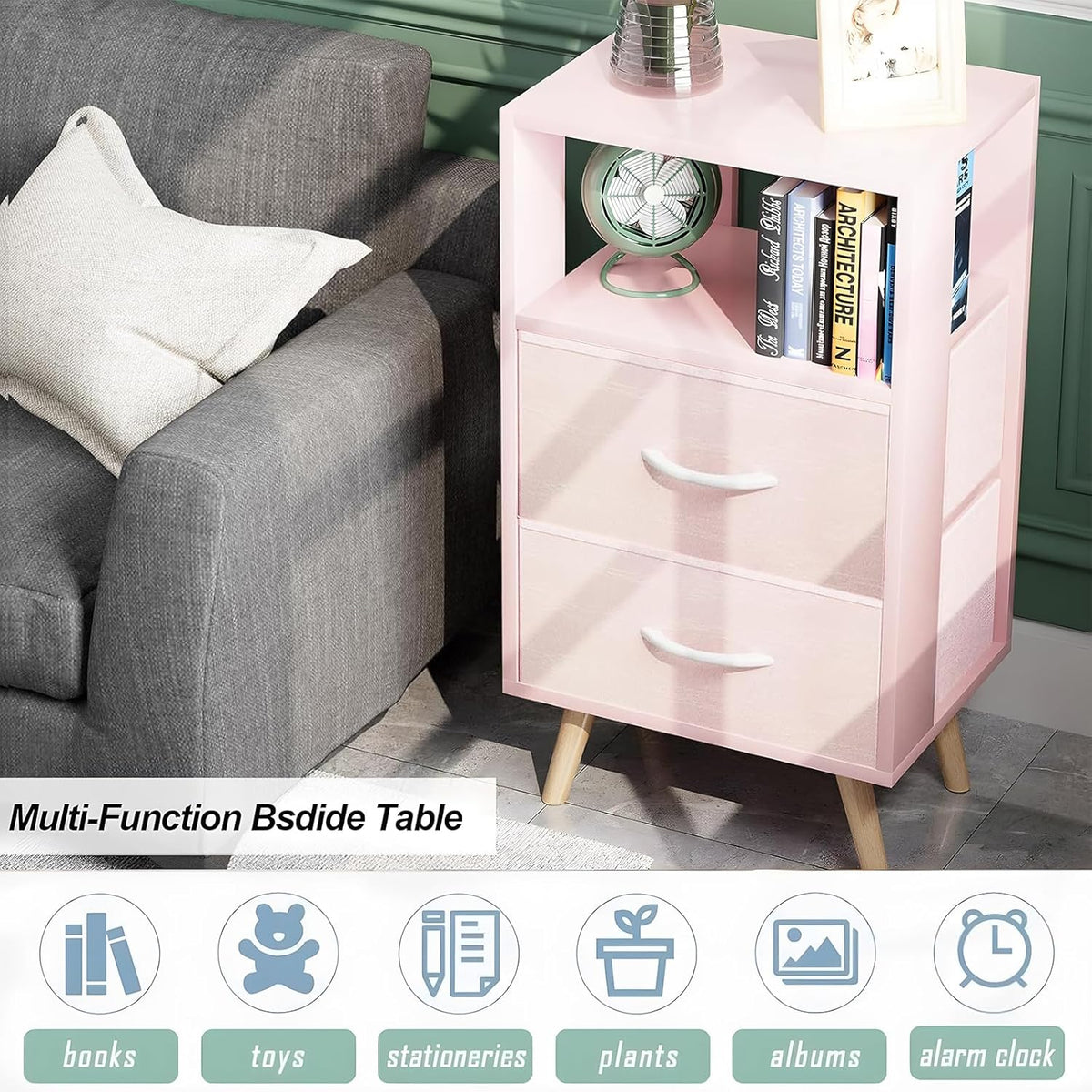 Aenuert Night Stand, Pink Nightstand with 2 Fabric Drawers, Wooden Side Table with Open Storage, 3-Tier Modern End Table, Bedside Table for Small Space, Living Room, Bedroom