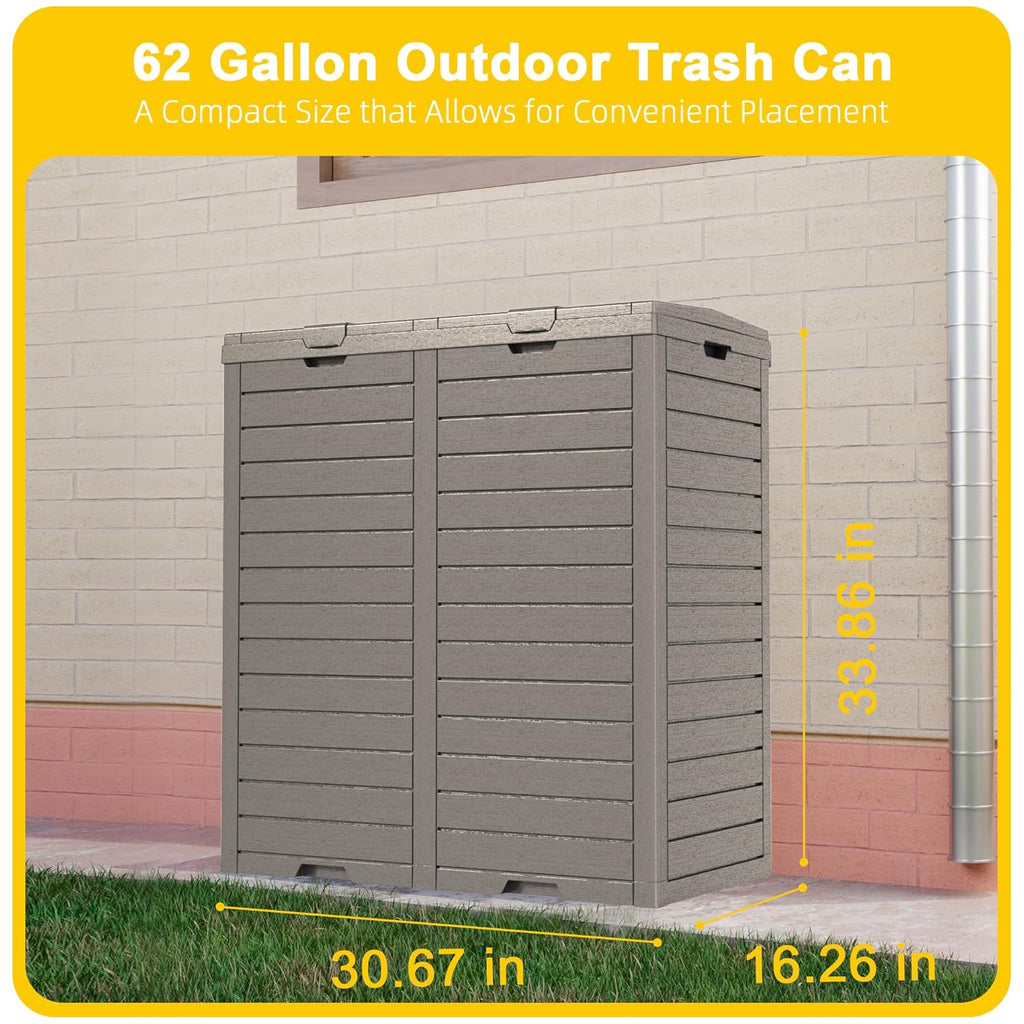 62 Gallon Outdoor Trash Can with Tiered Lid and Drip Tray,Waterproof Resin Waste Bin Indoor,Durable,Stylish,Lightweight Garbage Bin for Patio,Kitchen,Backyard and Office(Light Brown)