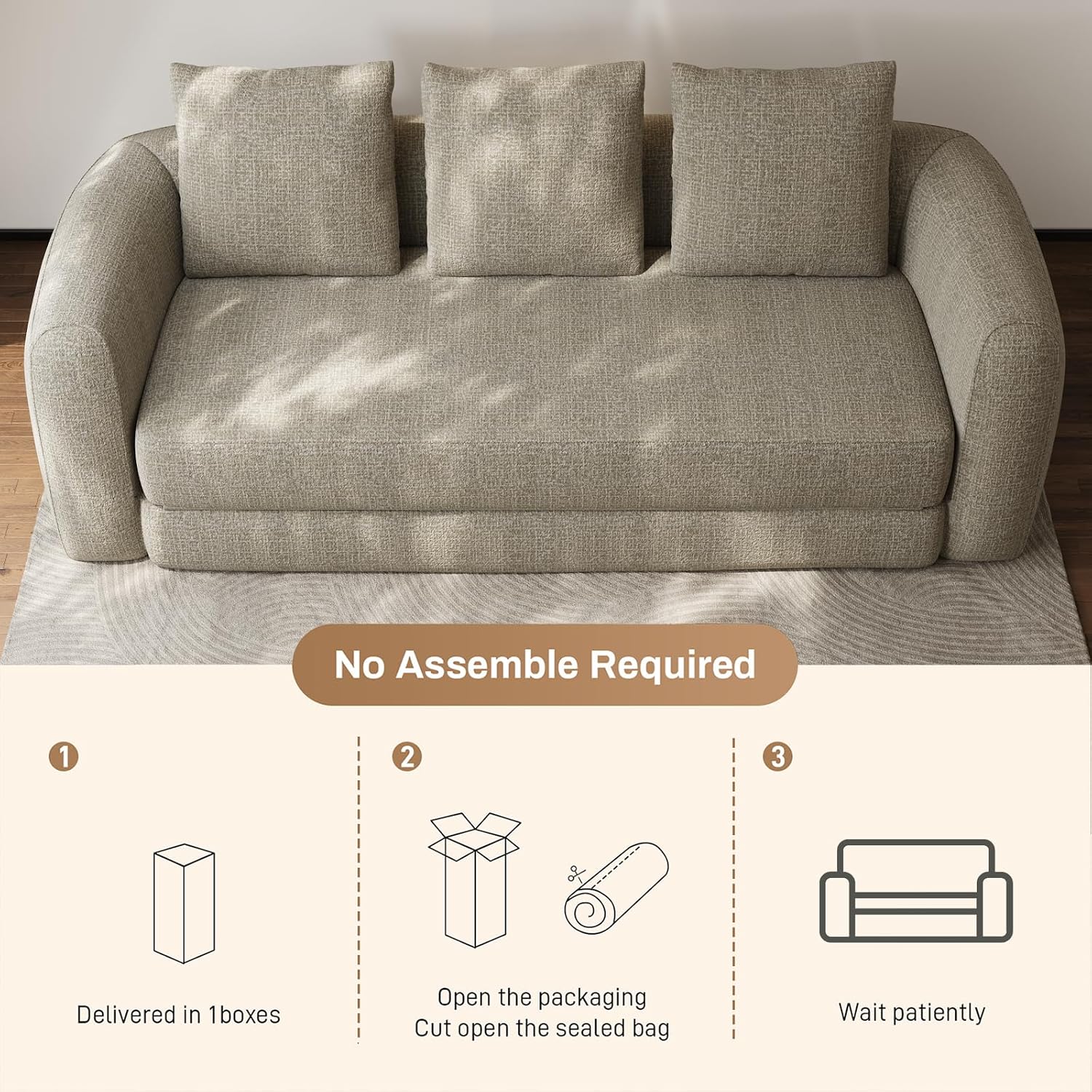 Curved Convertible Futon Sofa Bed,Modern Sleeper Couch,Curved Modern 3 Seater Cloud Couch