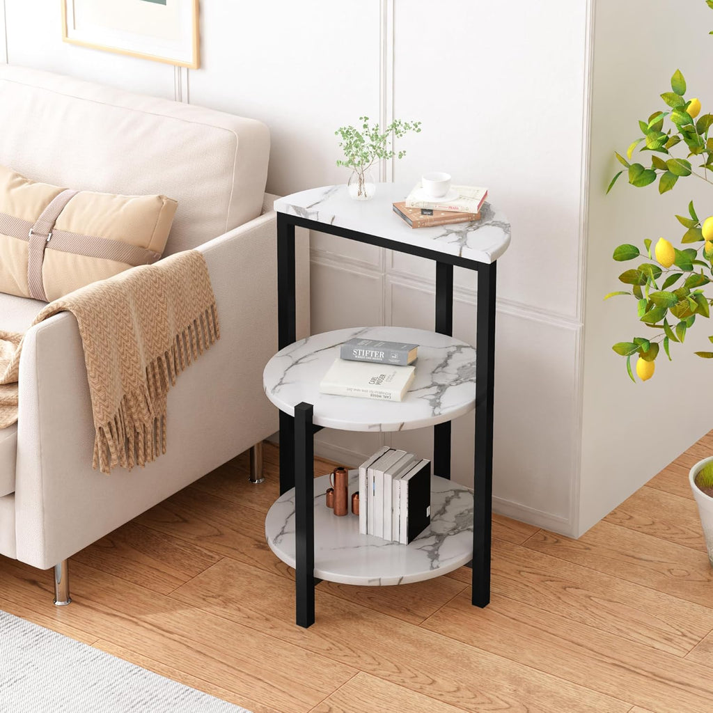 White and Black End Tables Set of 2, Round Marble Nightstand Set of 2 for Bedroom 3-Tier Marble Side Table Small Coffe Table with Metal Legs,Modern Sofa Table Accent Table for Living Room