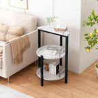 White and Black End Tables Set of 2, Round Marble Nightstand Set of 2 for Bedroom 3-Tier Marble Side Table Small Coffe Table with Metal Legs,Modern Sofa Table Accent Table for Living Room