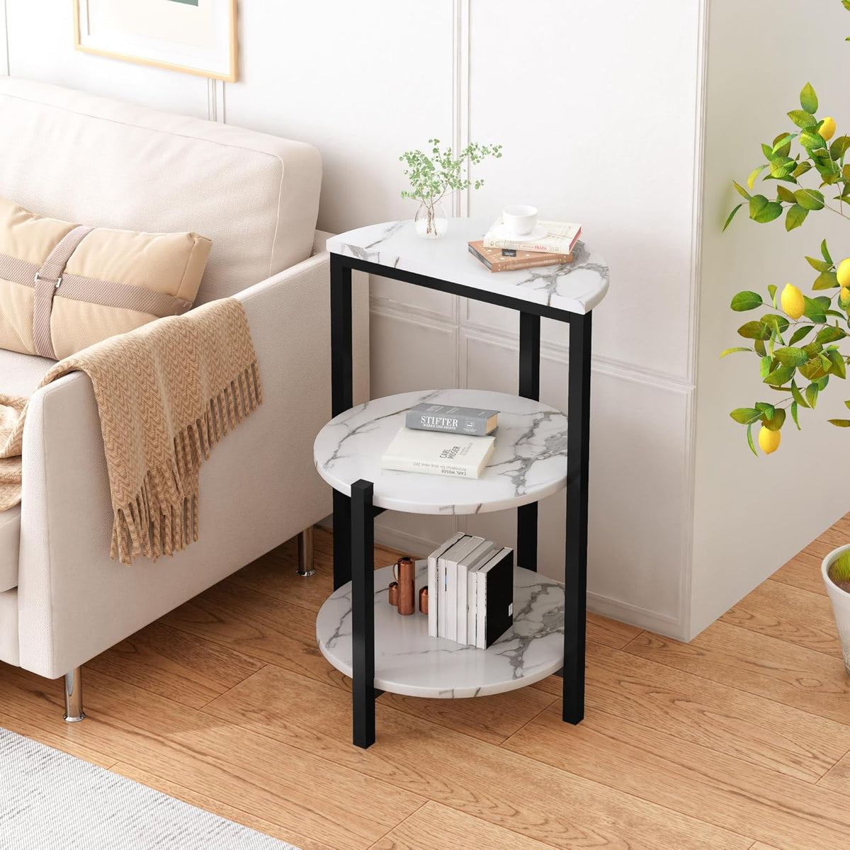 White and Black End Tables Set of 2, Round Marble Nightstand Set of 2 for Bedroom 3-Tier Marble Side Table Small Coffe Table with Metal Legs,Modern Sofa Table Accent Table for Living Room