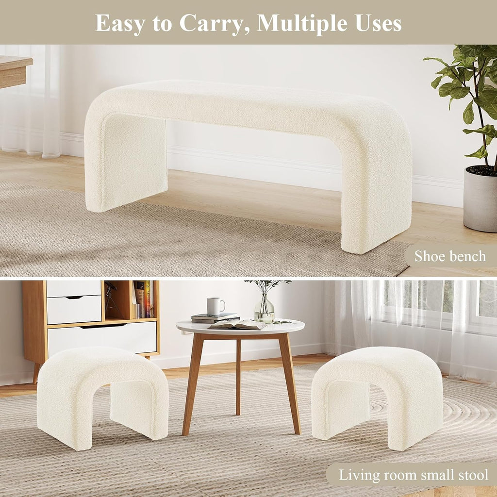 3-Piece Ottoman Bench Set, End of Bed Bench with 2 Foot Stools | 44" Teddy Padded U-Shaped Design, Wood Frame, 500LBS Weight Capacity, No Assembly Required, Entry Bench for Bedroom, Cream