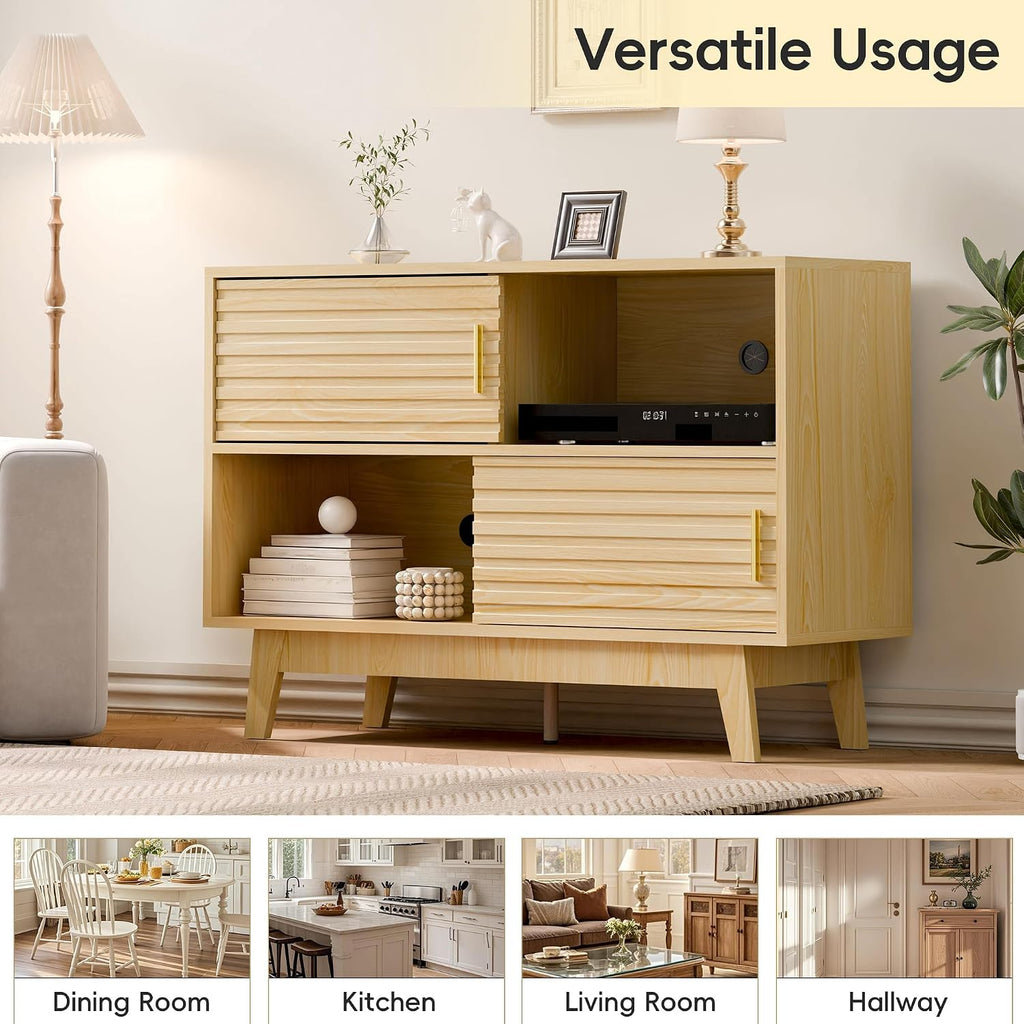 Fluted Buffet Sideboard Oak, Modern Storage Cabinet w/Cord Cutout, Accent Cabinet with Solid Wood Legs, Console Table w/Sliding Doors Open Shelves, Credenza for Living Room, Hallway, Entryway